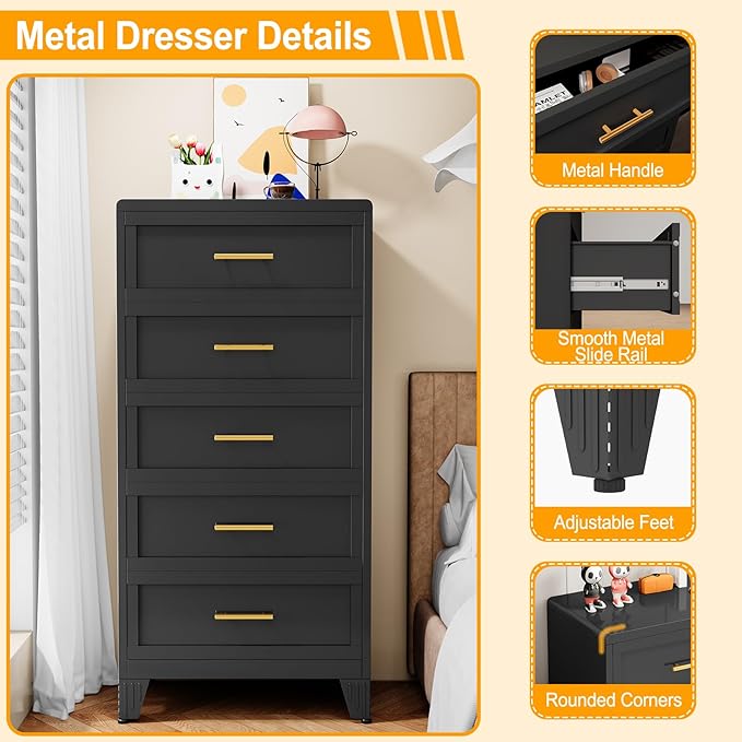 Metal Dresser Tall Narrow Dresser for Bedroom Chest, 53.46" H Drawer Chest, Closet Dressers & Chests of Drawers for Living Room, Hallway (5 Drawers Black 24inch Wide)