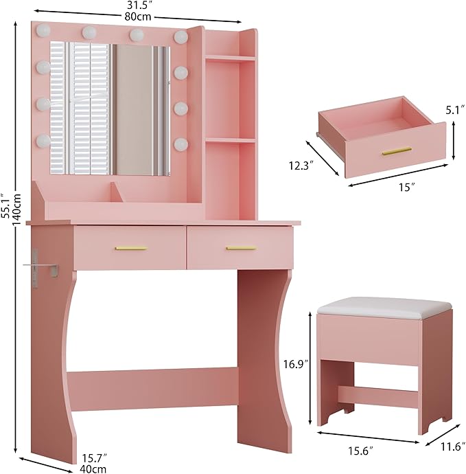 Pink Vanity Mirror with Lights Desk and Chair, Small Makeup Vanity Set with Charging Station, Dressing Table with 2 Large Drawers, RGB Ambient Light, 3 Lighting Modes & Adjustable Brightness