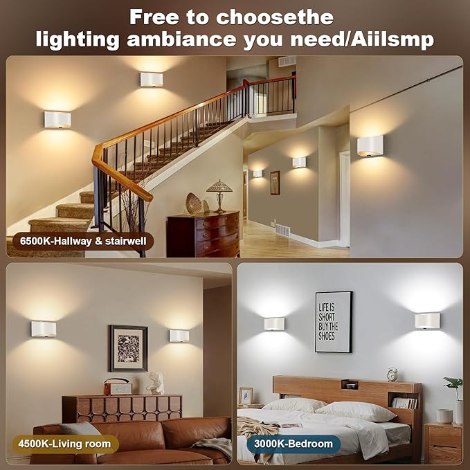 2 Pack Battery Operated Wall Sconce with Remote Control,No Hardwired White Aluminum Wall Sconces Set of Two,50W Equivalent Battery Wall Light,3000K-6500K Dimmable Wall Sconces