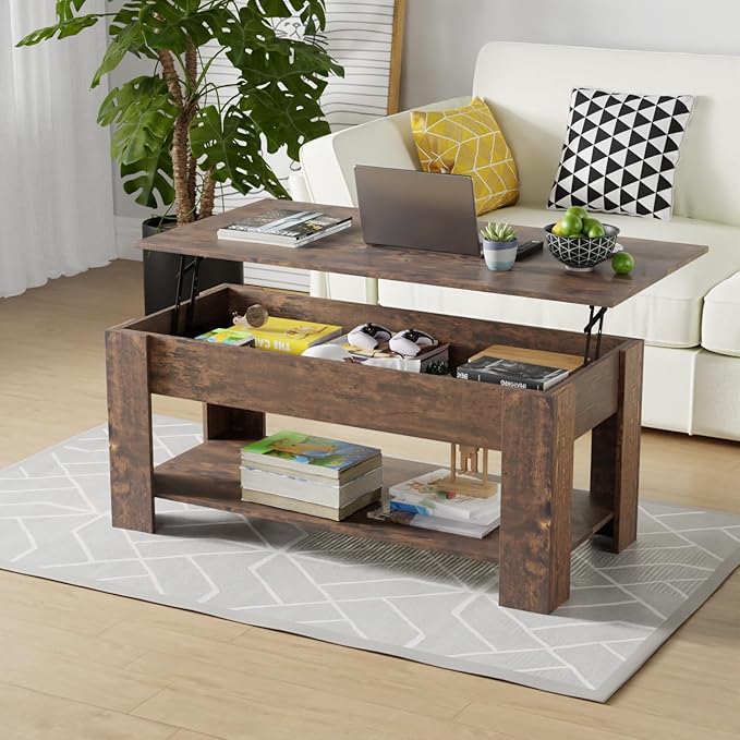 FDW Lift Top Coffee Table Coffee Table with Hidden Compartment and Storage Shelf for Living Room Reception Room 47.2in L,Brown