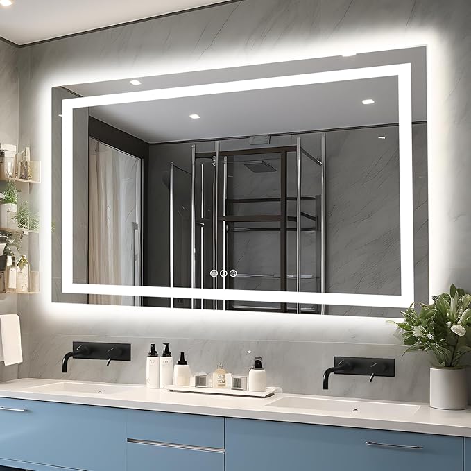 66"x36" LED Lit Bathroom Mirror, Front and Backlit LED Mirror, Anti-Fog Bathroom Mirror with Lights, 3 Colors Stepless Dimmable Mirror, Touch Sense (Horizontal/Vertical)
