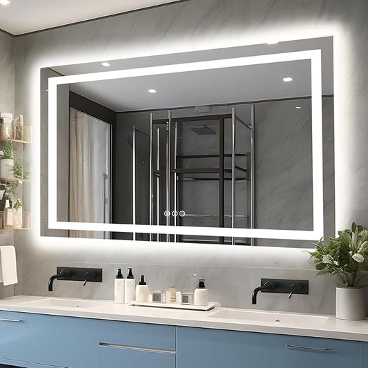 66"x36" LED Lit Bathroom Mirror, Front and Backlit LED Mirror, Anti-Fog Bathroom Mirror with Lights, 3 Colors Stepless Dimmable Mirror, Touch Sense (Horizontal/Vertical)