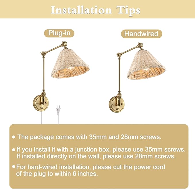 WINGBO Wall Sconce Rattan Wrapped Wall Lamp, Large Lampshade, Adjustable Swing Arm Wall Light Gold Vintage Bedside Light Fixture Wicker Handmade Shade Brass Reading Light Plug in or Hardwire (2 Pack)