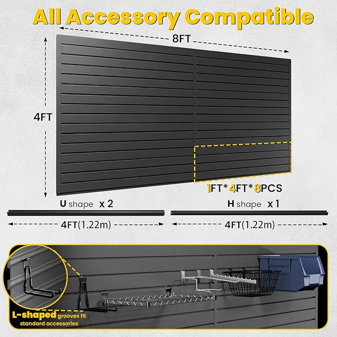 Slat Wall Paneling 4x8 FT, PVC Slat Wall Panels Heavy-Duty Garage Organization System with Hooks & Accessories, Slatwall Pegboard Suitable for Home、Garage、Shop Display & Organization (Black)