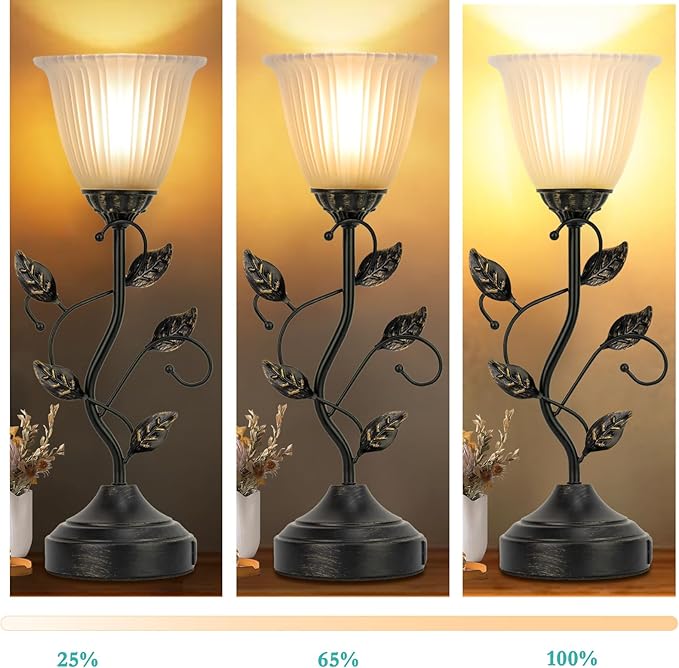 Touch Lamps for Nightstand Set of 2, Stripe Glass Shade Blossoming Bedside Lamp with USB A+C Charging Ports, Torchiere Table Lamp with Metal Leaf Base Decor Bedroom Living Room