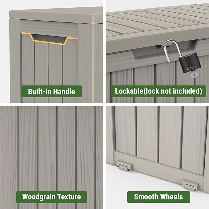 Mars Villa 72 Gallon Deck Box, Outdoor Storage Box Waterproof, Outside Resin Storage Bin for Patio Furniture Cushions, Pool Supplies, Garden Tools, UV-Resistant and Weatherproof, with 4 Wheels, Greige