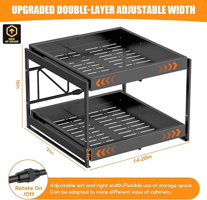 2-Tier Expandable Pull Out Cabinet Organizer, 21" Deep Heavy-Duty Slide Rail Slide Out Drawer Organizers with Adhesive Nano Film for Pots, Roll out Shelf Storage for Kitchen & Pantry Storage,White