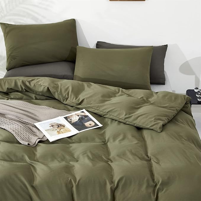 Cottonight Olive Green Bedding Set - Queen Size, Army Green Comforter, Blanket & Quilts - Modern, Soft, Breathable - 3 Piece Set for Women & Men