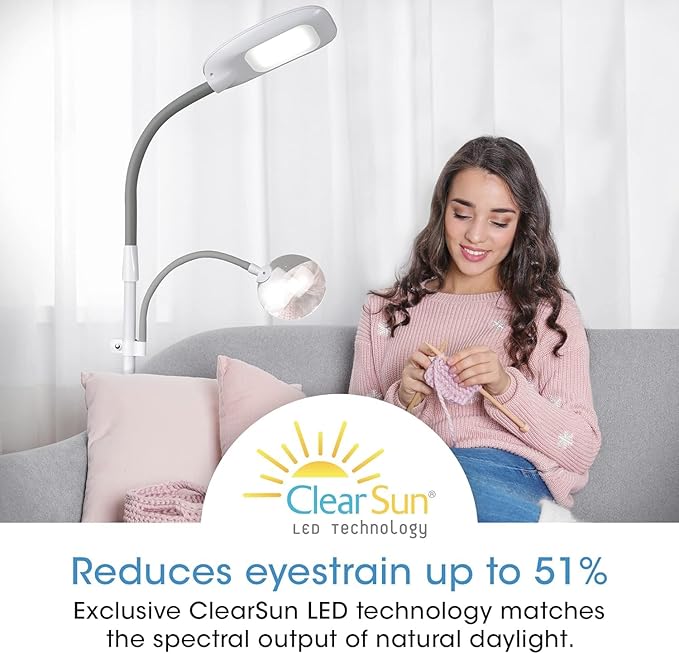 OttLite LED Floor Lamp with Optical Grade Magnifier - ClearSun LED Technology - 3 Brightness Settings, Adjustable Arm & Touch Sensitive Controls - Great for Sewing Table, Crafting, Home & Office