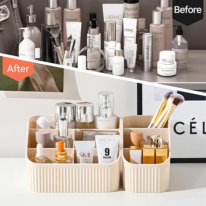 DASITON Large Capacity Makeup Brush Holder,5 Slot Makeup Brush Cup,Vintage striped Make Up Brush Holder,for Vanity Decor,Bathroom Countertops,Desk Storage Container,Cosmetic Display cases(Cream)