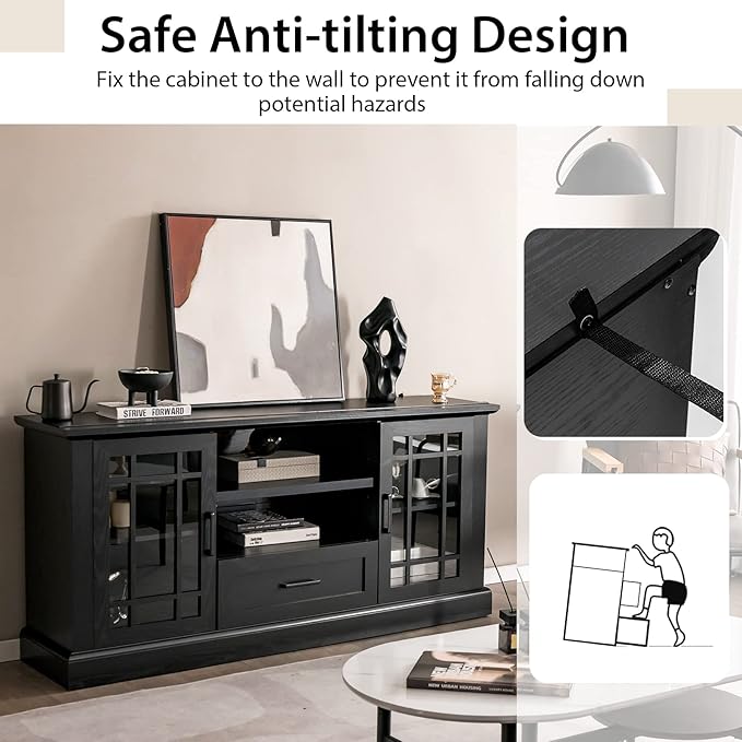 Tangkula Farmhouse TV Stand for TV up to 70 Inch, Tall Media Console Table w/2 Glass Doors, Entertainment Center w/Cubbies & Drawer, Storage Cabinet or Sideboard Buffet for Living Room (Black)