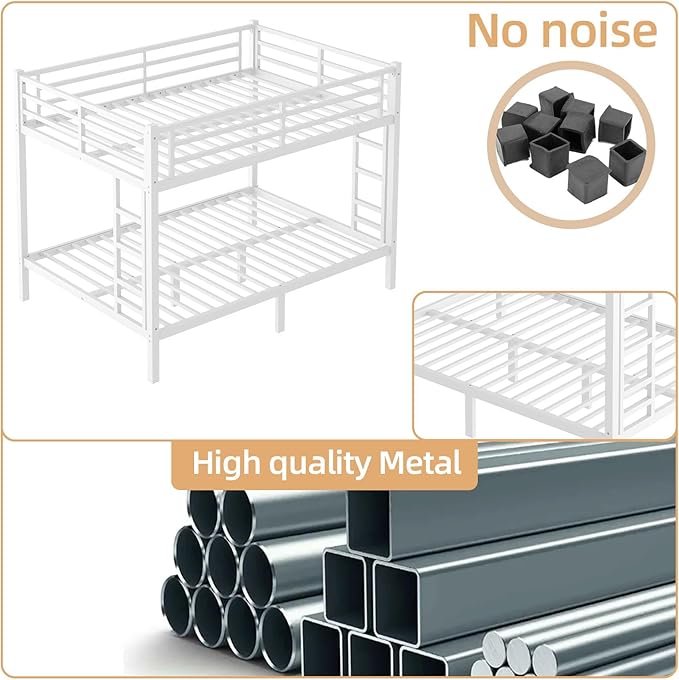 Queen Over Queen Bunk Bed Frame, Heavy Duty Metal Loft Bed for Adults/Teens, 350/600LB Capacity w/Ladder & Guardrail, Noise-Free Steel Slats, No Box Spring Required, White