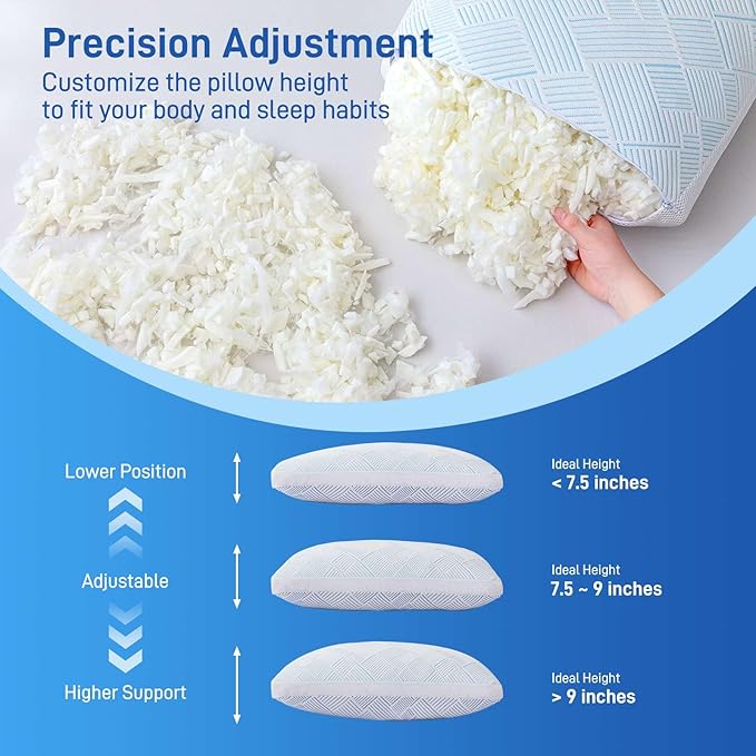 Sylvaris Shredded Memory Foam Cooling Soft Bamboo Viscose Pillows Queen Size Set of 2, Adjustable Hypoallergenic Hotel Quality Pillows for Back, Stomach and Side Sleeper, Oeko-TEX Certified