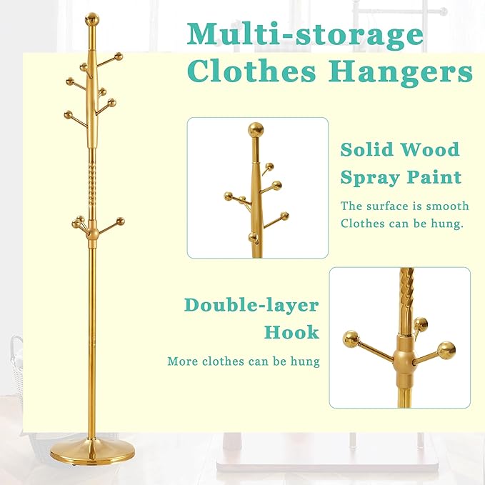 Solid Wood Coat Rack Freestanding, 77" Adjustable Hall Tree Hanger With Hooks, Coat Hanger Stand for Hanging Clothes Bags Hats in Living Room Bedroom