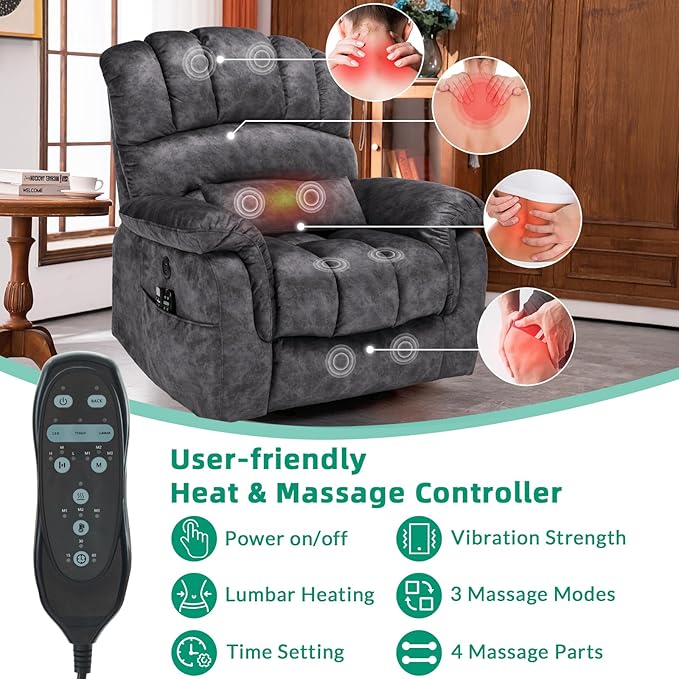 VIVIJASON Tall Man Large Dual Motor Power Lift Recliner Chair with Extended Footrest, Overstuffed Lay Flat Sleeper Electric Recliner W/Heat & Massage, Lumbar Pillow, USB & Type-C Ports, Plush Gray