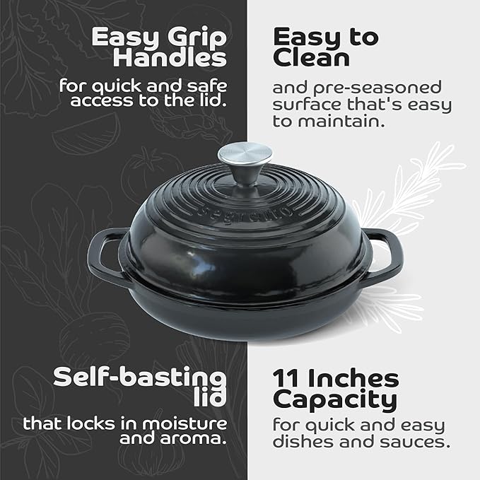 Enameled Cast Iron Bread Pan with Lid, 11” Nero (Black) Bread Oven Cast Iron Sourdough Baking Pan, Dutch Oven for Bread - Segretto Cookware