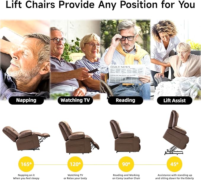 Large Power Lift Chair Recliner for Elderly with Heated and Massage, Overstuffed Adjustable Lift Chair, 3 Position, Breathable Leather, USB-A&USB-C, Cup Holder (Small-7523, Chocolate)