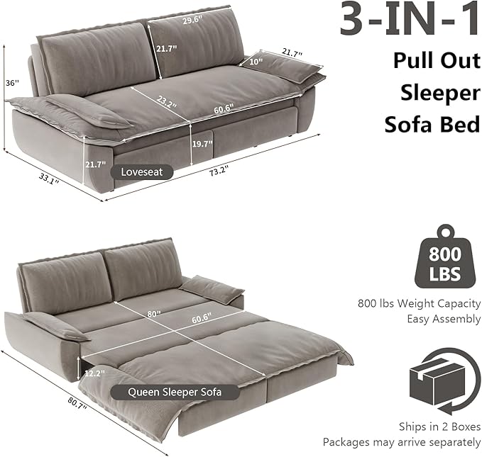 73.2-Inch Queen Size Convertible Sleeper Sofa Bed, 3-in-1 Pull-Out Futon Loveseat, Velvet Futon Couch with 2 Soft Pillows for Living Room, Office, Apartment, RV, Hide-A-Bed Fold Out Sofa&Couches