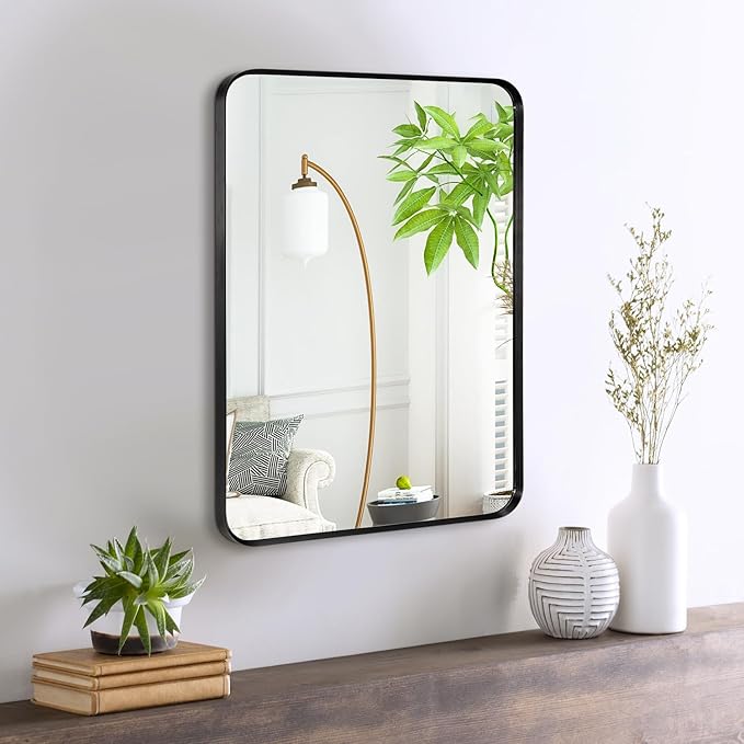 Wall Mount Small Mirror, Brushed Black Metal Framed Rounded Corner Rectangular Makeup Mirror for Bathroom, Bedroom, Living Room (12" x 16",Black)