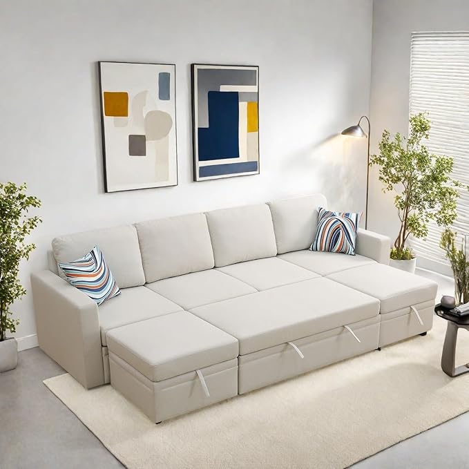 102 Inch L Shaped Sectional Couch with Pull Out Bed, 6-Seat Sleeper Sofa with Storage Ottoman, Convertible Sofa Bed for Living Room, Apartment, Off White