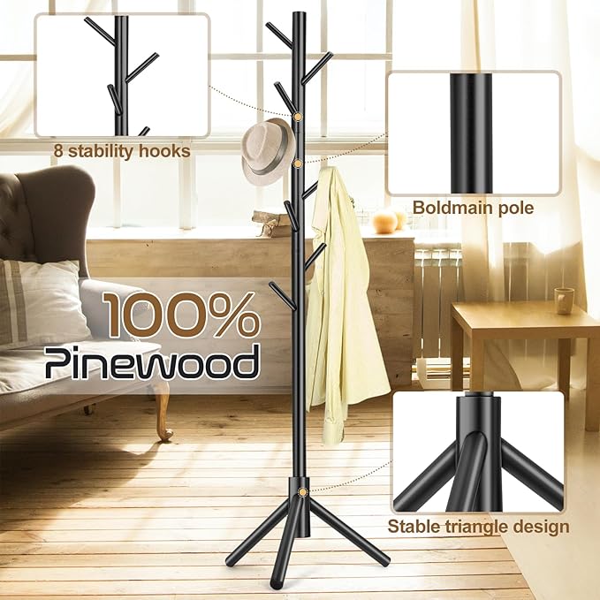 2PCS Solid Wooden Coat Rack Freestanding, New Zealand Pine Coat Tree with 8 Hooks & 3 Adjustable Sizes for Coats, Hats, Handbags and Scarves, Space Saving for Entryway/Office/Bedroom (Black)