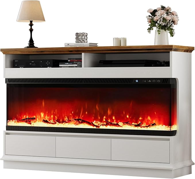 4 EVER WINNER Fireplace TV Stand with 50" Electric Fireplace, Fireplace Entertainment Center with 3-Side Glass Insert, 3 Drawers, TV Stands for Living Room, White