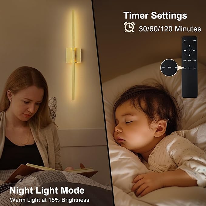 Wireless Battery Operated Wall Sconces Set of Two, Dimmable Modern Wall Sconce with Remote Control, 360°Rotation & Timer & Memory, Gold Led Rechargeable Wall Lights for Living Room, 28.3 Inch