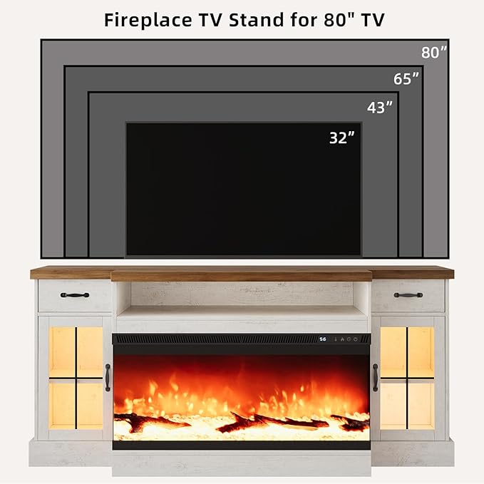 4 EVER WINNER Fireplace TV Stand with 40" Electric Fireplace for 80" TV, 70" Entertainment Center with Adjustable Storage Cabinets, 2 Drawers, TV Consoles for Living Room, White
