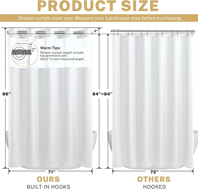 Extra Long No Hook Shower Curtain with Snap in Liner, Polyester Textured Shower Curtain with Liner Set, Waterproof Washable Hotel Style Shower Curtains for Bathroom, 71Wx86H, White