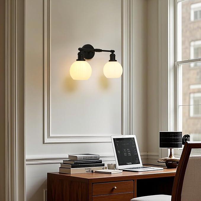 Vintage 2-Lights Wall Sconce with Milk White Glass Globe Shade, Hardwired Indoor Wall Light Fixture for Bathroom Vanity Living Room Bedroom