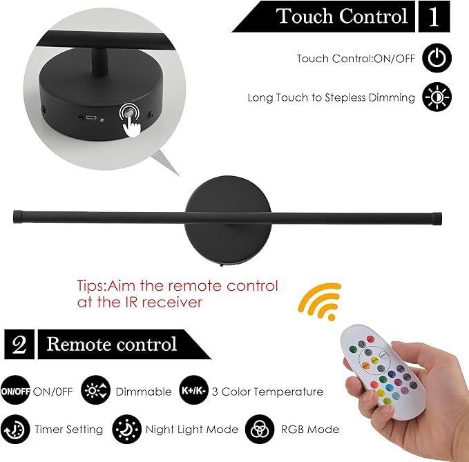 Battery Operated Wall Sconces Set of Two, with Remote Control, Dimmable, Warm White/Natural White/Daylight/RGB, 350°Rotate, LED Black Wireless Wall Light for Living Room, Bedroom, 20.4 Inch