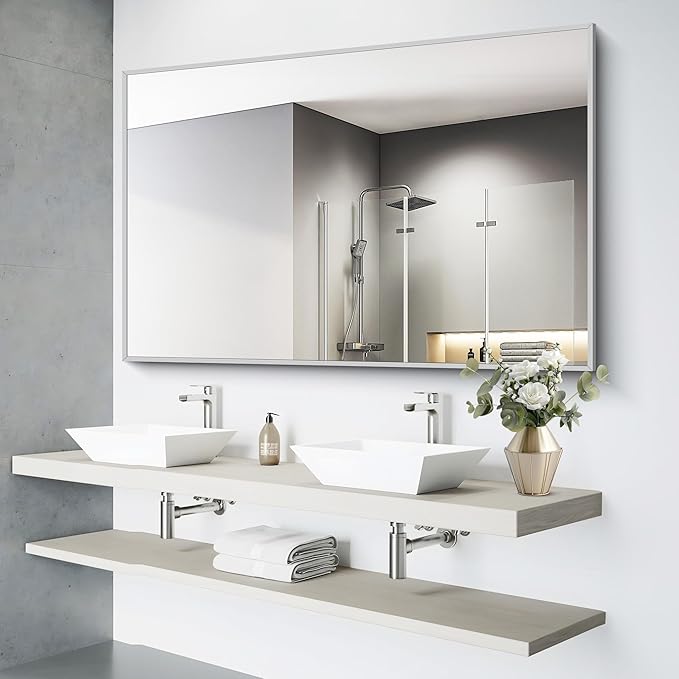 36x55inch Bathroom Mirror, Silver Rectangle Mirror with Thin Metal Frame, Large Rectangular Wall Mirrors for Bathroom, Living Room, Hair Salon, Big Mirror Hang Horizontal/Vertical