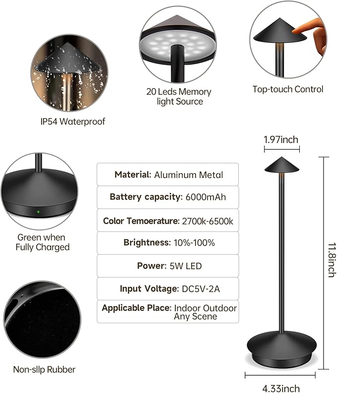 Portable Led Cordless Lamp Table Light, Rechargeable 6000mAh Battery Outdoor Table Lamp for Dinning Restaurant Patio Bedroom Camping, IP54 Waterproof, Dimmable