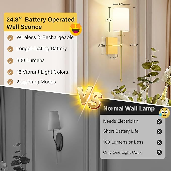 24.8 Inch Wall Sconces Battery Operated Set of 2, Rechargeable Wireless Wall Sconces Lights with Remote, Not Hardwired Dimmable Gold Wall Lamps with White Fabric Shade for Bedroom, 2 Bulbs Included
