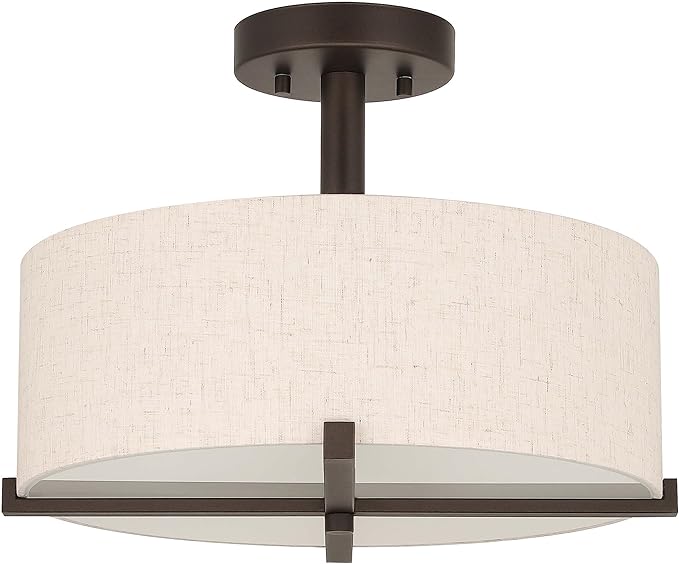 XiNBEi Lighting 3 Light Semi Flush Mount Ceiling Light Fixture, Drum Light with Fabric Shade, Modern Close to Ceiling Lamps for Bedroom, Dining Room, Kitchen, Hallway, Entry, Foyer