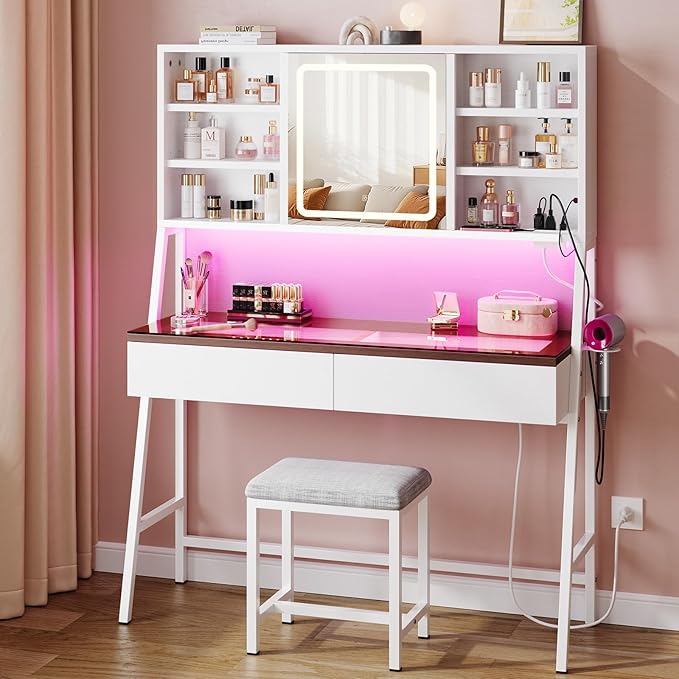 Vanity Desk with Mirror and Lights, 47inch Makeup Table with 3 Color Modes, Large Vanity Desk with Power Outlet, Light Strip, 2 Drawers, 8 Shelves, Cushioned Stool for Bedroom, White