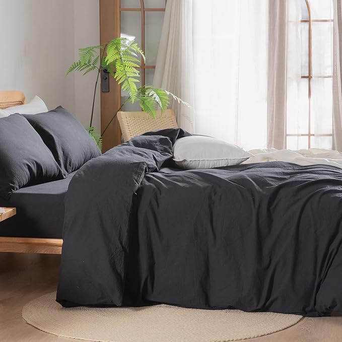 BESTOUCH Duvet Cover Set 100% Washed Cotton Linen Feel Super Soft Comfortable Chic Lightweight 3 PCs Home Bedding Set Solid Deep Black Oversized Queen