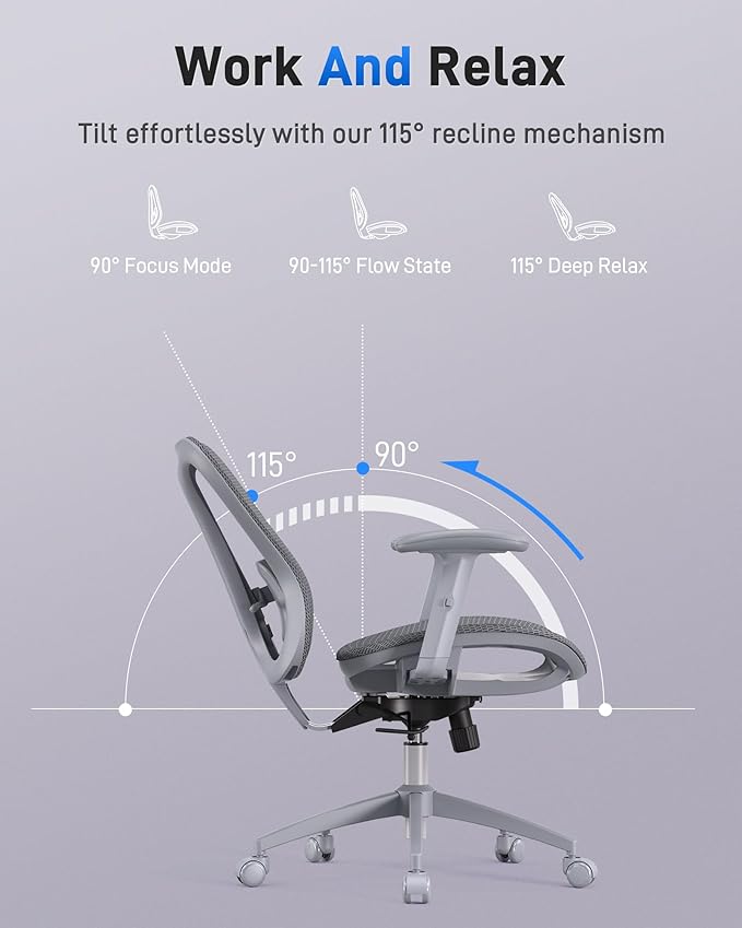 Ergonomic Office Desk Chair, Comfortable Computer Gaming Chair, Breathable Mesh Back & Seat, Adjustable Armrest, Lumbar Support, Butterfly Design for Home Office (Gray)