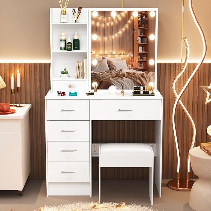 Makeup Vanity Desk with Mirror and Lights, Vanity Desk with 3 Color and Brightness Adjustable, European Style Dressing Table with 6 Drawers, Makeup Vanity with Stool for Bedroom