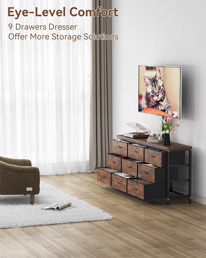 TV Stand with Mount for 32/55/65/75/85 inch TVs, Entertainment Center with 9 Fabric Drawers Dresser Storage, Height Adjustable Media Console