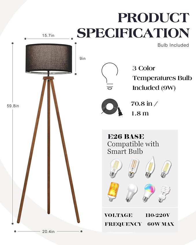ELYONA Wood Tripod Floor Lamp, Modern Standing Lamp with Black Drum Linen Shade & 3 Color Temperatures LED Bulb, Industrial Tall Reading Lamp for Office Living Room Bedroom, ETL Listed Walnut & Black