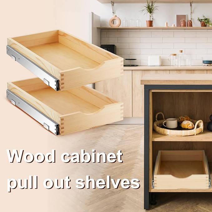 Sintuff 4 Set Wooden Pull out Tray Cabinet Organizer Soft Close Roll out Shelves for Kitchen Cabinets Fully Assembled Slide Pantry Shelves(12'' X 21'')