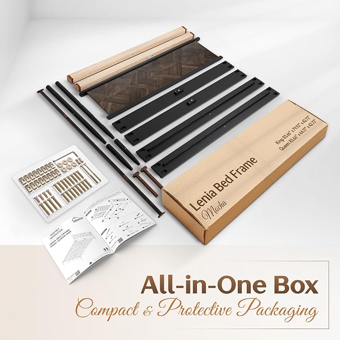 Lenia 14-Inch King Size Platform Bed Frame with Headboard – Heavy Duty Acacia Wood, Mid-Century Modern Style, 12 Strong Slats, No Box Spring Needed, Noise-Free, Easy Assembly, Mocha Black Finish