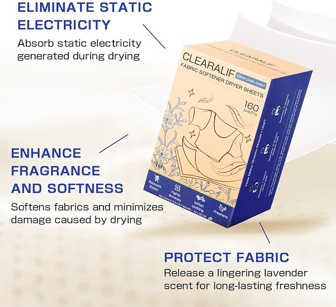 Clearalif All in One Laundry Detergent Sheets Kit, Fresh Linen Scent, 160 Loads Laundry Sheets + 160 Drying Sheets, Laundry Set Great for Travel, Softener Sheets Eco Package Friendly & Hypoallergenic