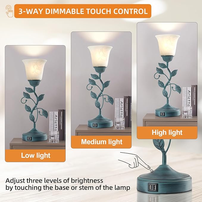 RORIANO Vintage Touch Table Lamp for Living Room, 3-Way Dimmable Nightstand Lamp with 2 USB Ports, Farmhouse Rustic White Glass Shade Leaf Desk Lamp for Bedroom End Table, LED Bulb Included