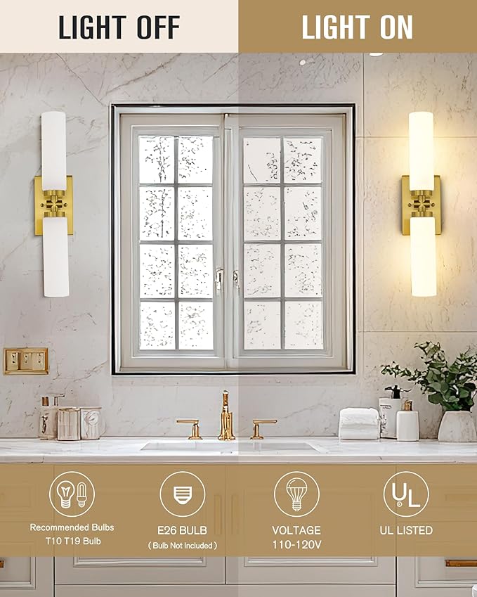 Emak 21 Inch Brushed Gold Bathroom Light Fixtures, 2-Light Vanity Lights with Milk Glass Shade, Modern Wall Sconce for Bathroom, Mirror, VL086-BGD-ML-2
