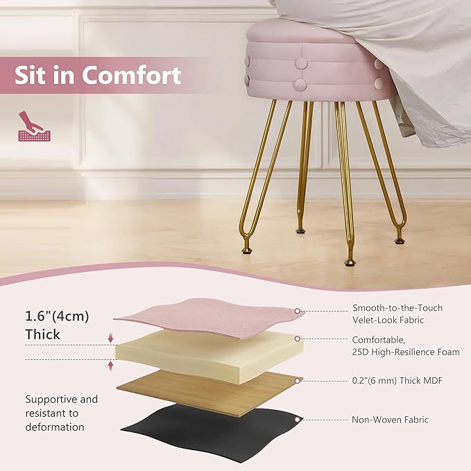 VECELO Round Vevlet Vanity Stool with Storage, 4 Metal Legs Vanity Seat with Anti-Slip Feet, Modern Vanity Chairs Footrest Furry Padded Seat, Space Saving, Easy to Clean for Makeup, Bedroom, Pink