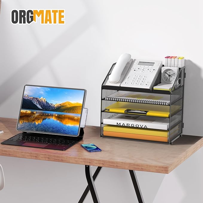 Letter Tray Paper, 5 Tier Desk Organizer with Pen Holder and Handle, Mesh File Organizer Paper Sorter Metal Desktop Document Shelf for Office Home Classroom - Black