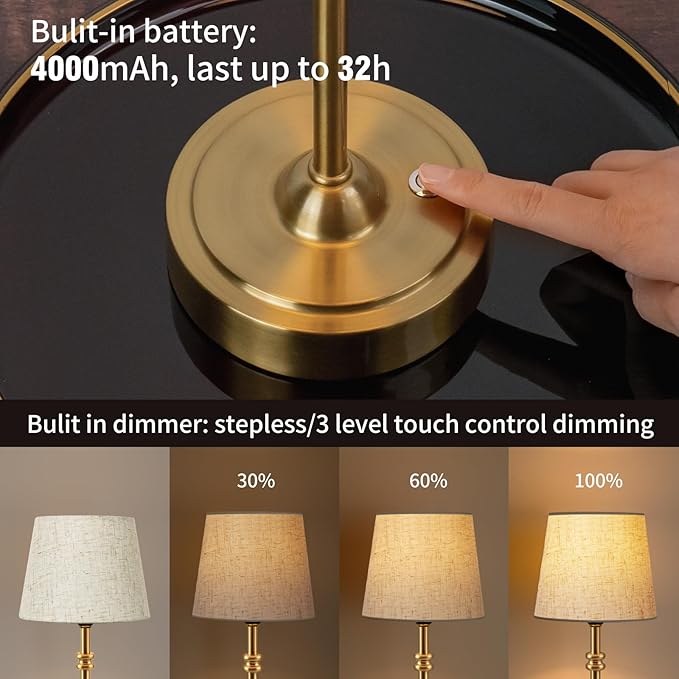 ONEWISH Small Cordless Lamp, Battery Operated Table lamp Dimmable, 4000mAh Rechargeable, Touch Bedside Lamp with Beige Linen Fabric Shade, 2700K Bulb Included, for Dining, Patio, Bathroom(Gold)