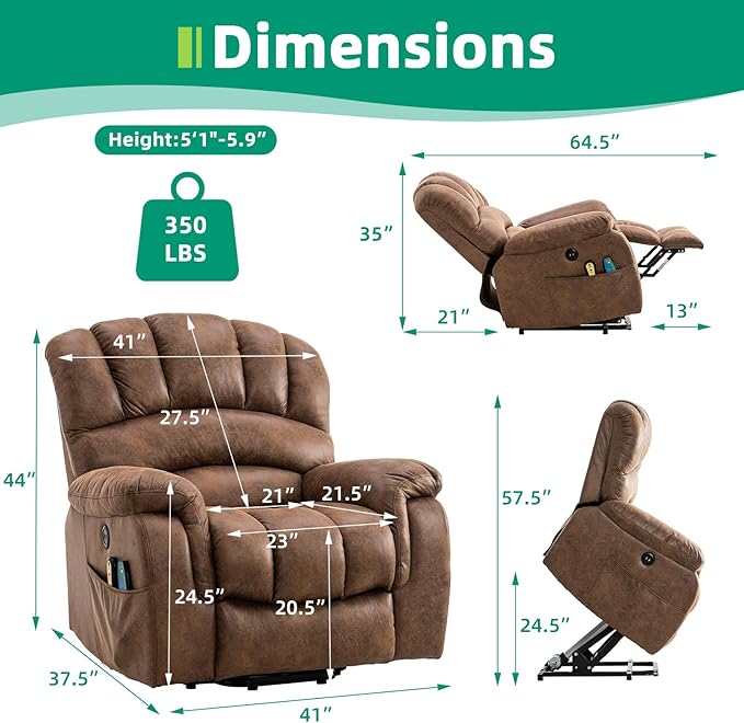 VIVIJASON Large Power Lift Chair Electric Recliner with Heat & Massage for Elderly Big People, Heavy Duty and Safety Motion Wide Recliners with 2 Remote Controls, Side Pockets & USB Ports, Brown